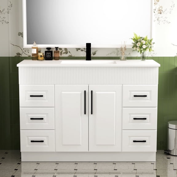 48 Inch Bathroom Vanity with Sink,Freestanding Bathroom Vanity with Integrated Resin Countertop, Wave-Line Drawered Storage Cabinet with 2 Soft-Closing Doors,White