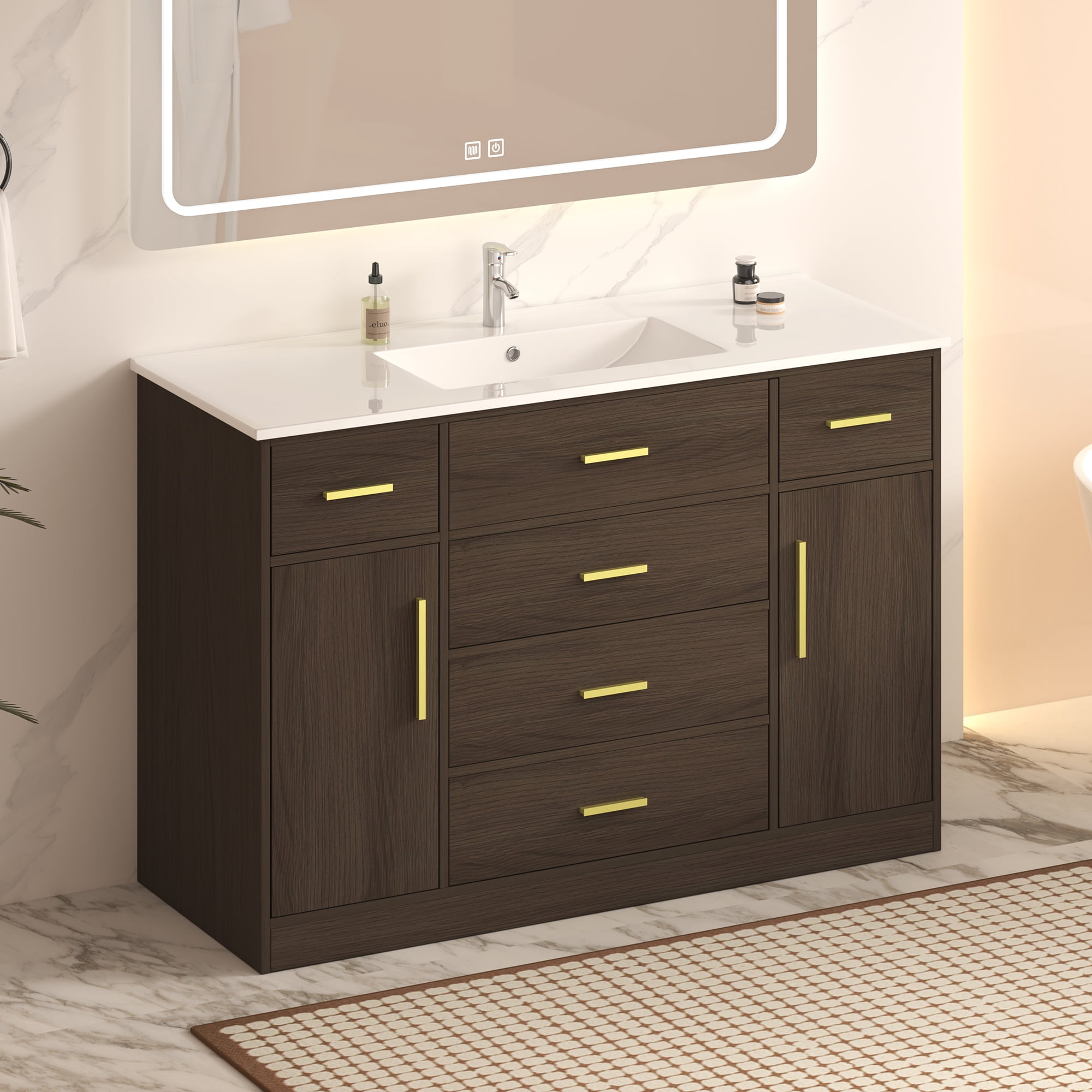 48 Inch Bathroom Vanity with Sink, 7 Drawers, 2 Soft Close Doors, Wood Cabinet, Dark Brown