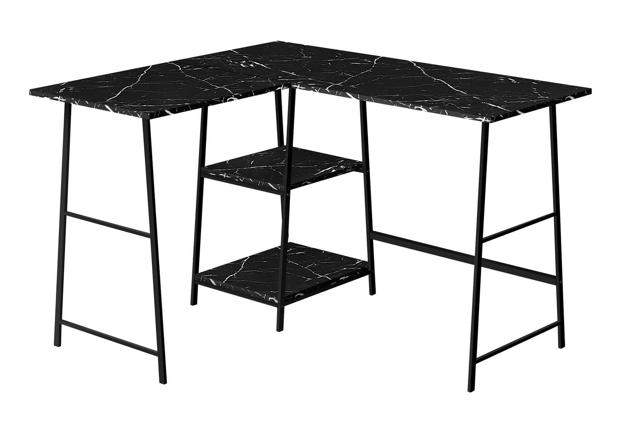 48 Inch Black Marble L Shaped Computer Desk with Industrial Metal Shelves