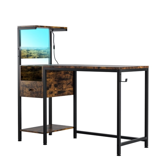 48 Inch Brown Gaming Desk with Power Outlets RGB Lights and Reversible Shelves