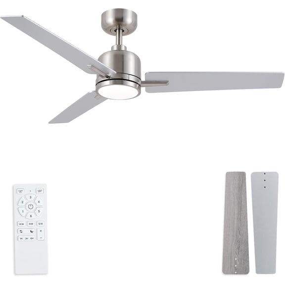 48 Inch Brushed Nickel Ceiling Fan with Light & Remote - Noiseless Reversible DC , Dimmable 3CCT, 6-Speed with Timer, 3 for Indoor/Covered Outdoor Use (ETL Listed)