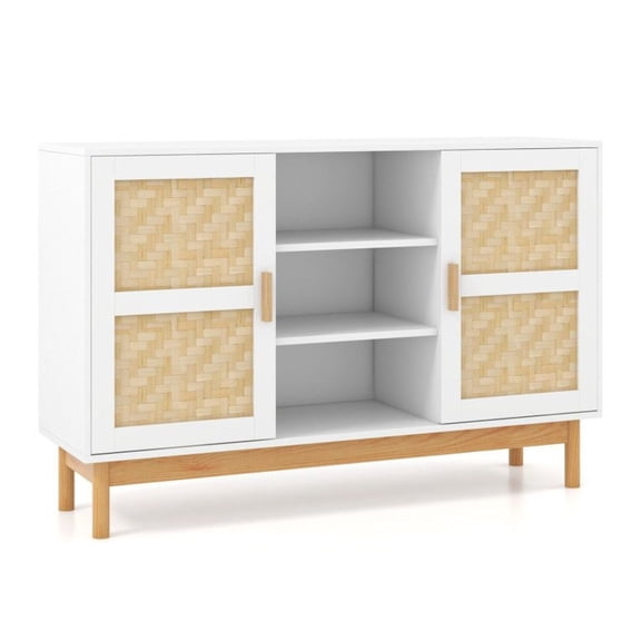 48 Inch Buffet Sideboard, Bamboo Woven Doors Floor Cabinet, Natural White Storage for Kitchen Dining Room