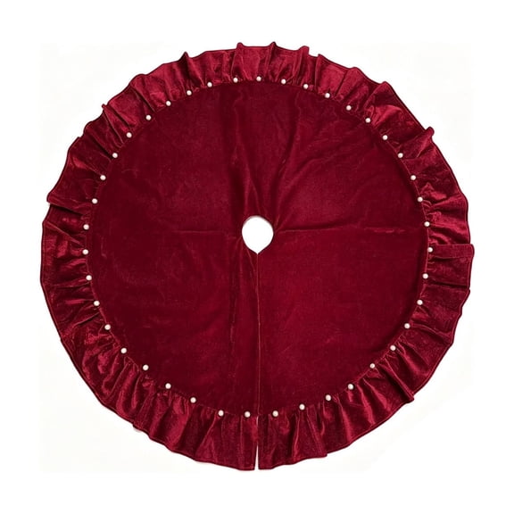 48 Inch Burgundy Velvet Christmas Tree Skirt, Ruffled Tree Base Cover with Pearl Ornaments and Fabric Bows for Indoor Xmas Holiday Decor
