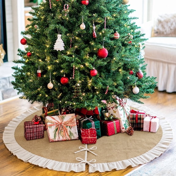 48 Inch Burlap Christmas Tree Skirt with Ruffled Edge,Fits 5ft to 7ft Trees,Natural Rustic Holiday Decoration