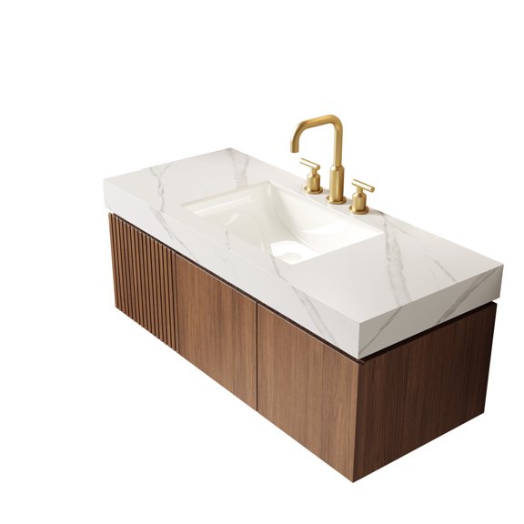 48 Inch Carrara White Sintered Stone Countertop Undermount Ceramic Basin 3 Pre Drilled Faucet Holes No Cabinet
