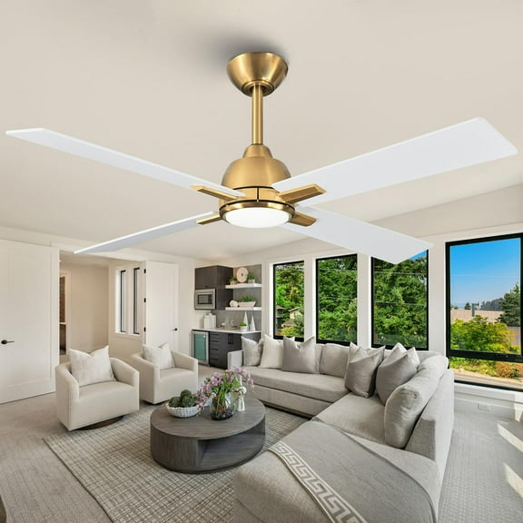 48 Inch Ceiling Fans with Lights and Remote, Modern White Gold Ceiling Fan with Light for Bedroom Living Room, Quiet DC Motor, Indoor Outdoor Use
