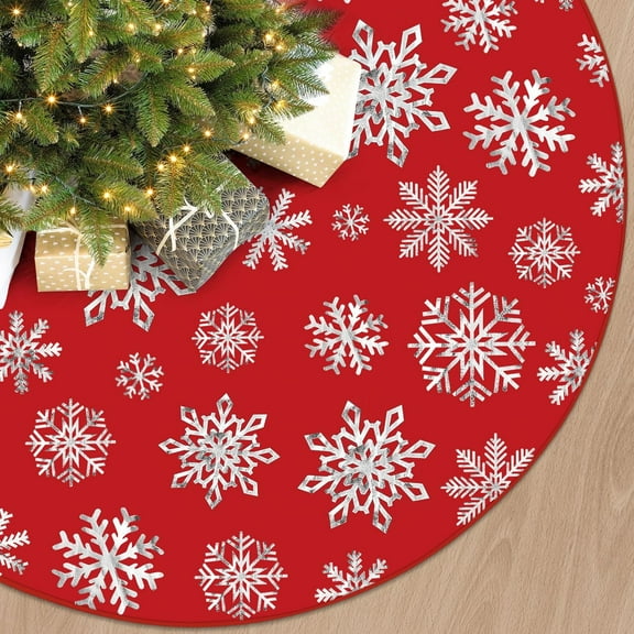 48 Inch Christmas Snowflake Tree Skirt Silver Snowflake Red Christmas Tree Skirt Large Red Round Xmas Trees Mat with Silver Snowflakes for Winter Holiday New Year Party Xmas Trees Home Decor