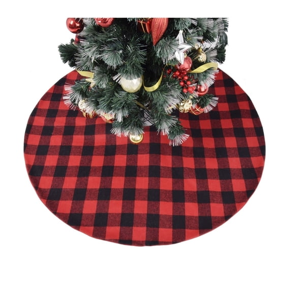 48 Inch Christmas Tree Buffalo Check Skirt with Faux Fur Ball Decoration for Merry Christmas Party Christmas Tree Skirt Decor