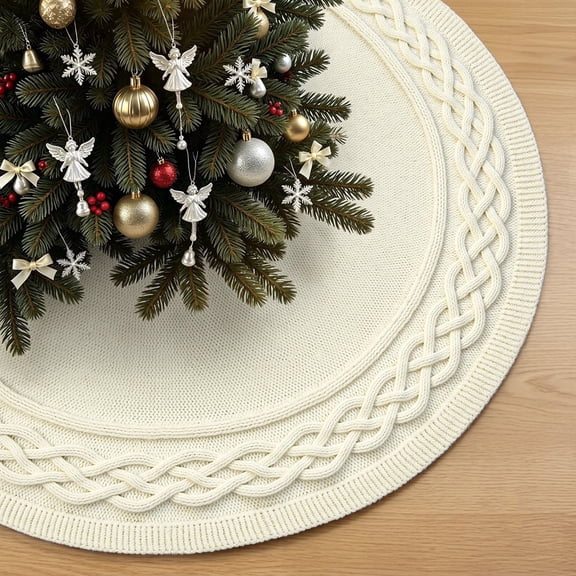 VOXOR Cable Knit Christmas Tree Skirt, White, 48 Inch