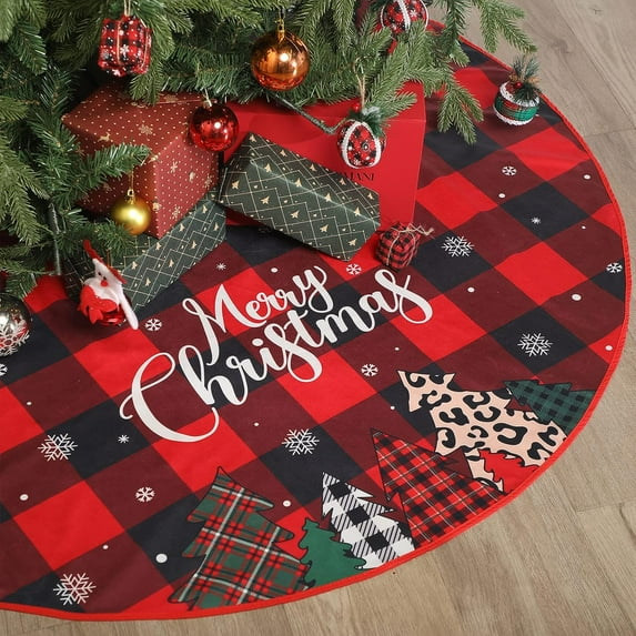 48 Inch Christmas Tree Skirt Large Double Layer Buffalo Plaid Check Xmas Tree Decoration Merry Christmas Tree Skirt Mat Decor for Winter Holiday Party Christmas Decoration(Red Black)