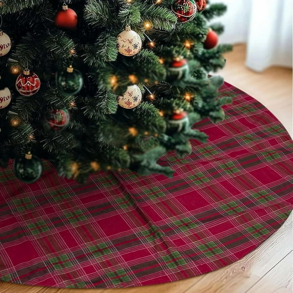 48 Inch Christmas Tree Skirt Mat Short Plush Red Xmas Tree Skirts for Indoor Outdoor Christmas Tree Decoration(Red & Green Plaid)
