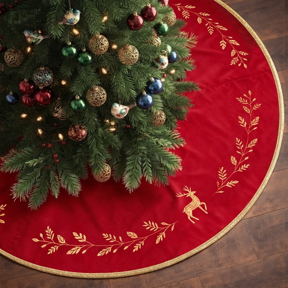 48 Inch Christmas Tree Skirt, Red Velvet Tree Skirts with Gold Trim, Bow Tie Closure Tree Skirt for Christmas Decoration