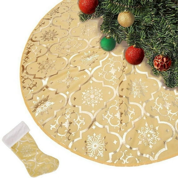 48 Inch Christmas Tree Skirt Xmas Soft Cover Mat Decor Snowflake Collar Farmhouse Skirt,Gold