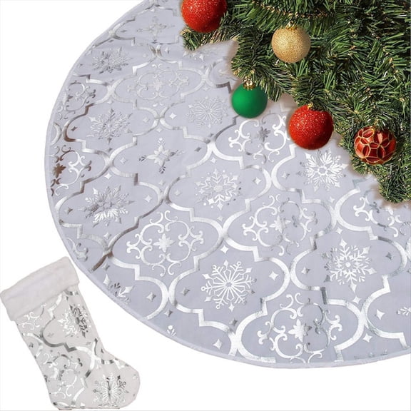 48 Inch Christmas Tree Skirt Xmas Soft Cover Mat Decor Snowflake Collar Farmhouse Skirt,Silver