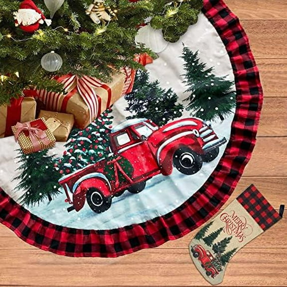 48 Inch Christmas Truck Tree Skirt Red Black Buffalo Plaid Christmas Tree Skirt Collar Ruffle Edge for Farmhouse Vintage Rustic Merry Christmas Xmas Winter Holiday Party Decoration