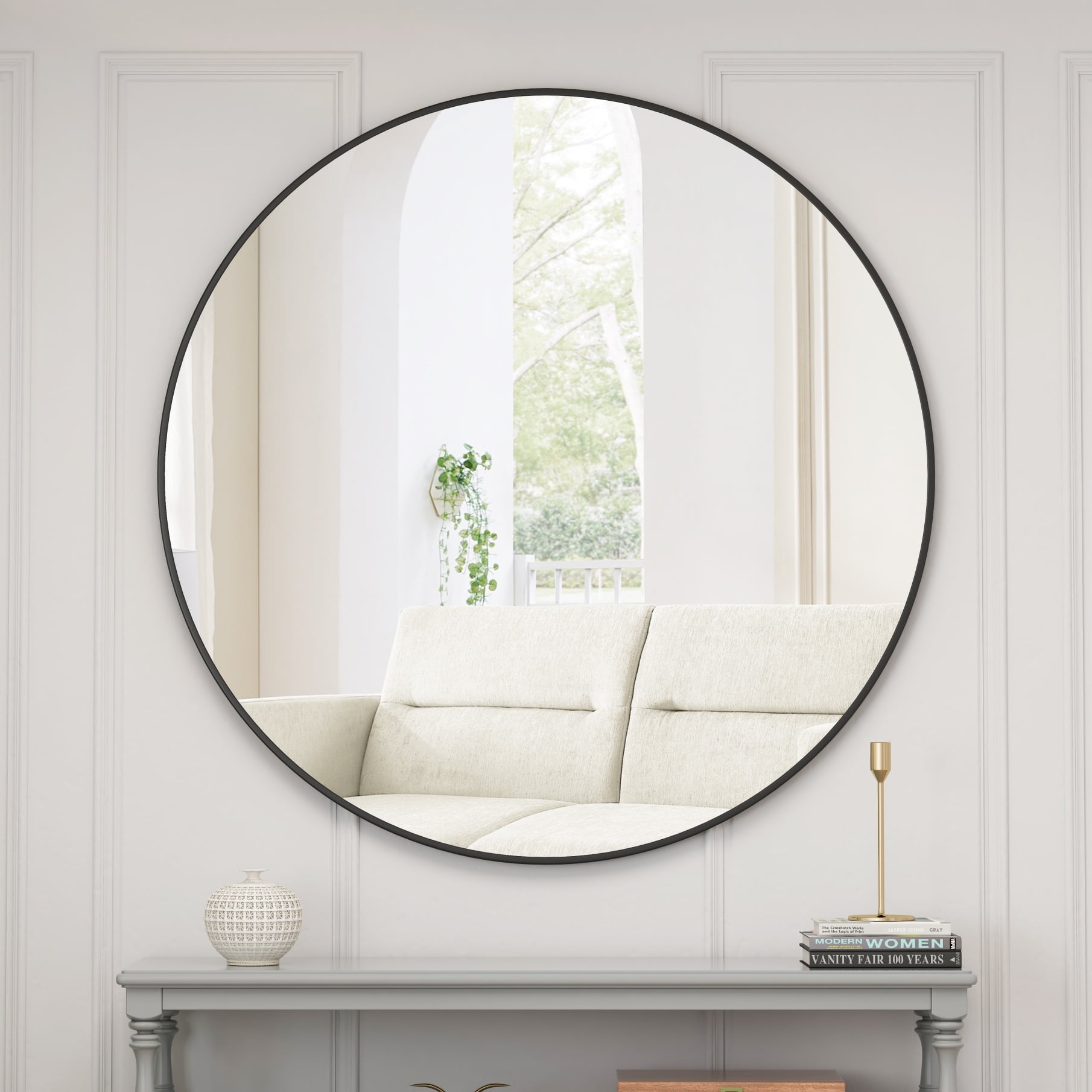 Oversized Round Black Iron Frame Wall Mirror, 48 Inch