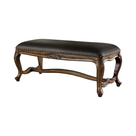 48 Inch Classical Bench, Nalhead, Floral Carved Base, Black Faux Leather