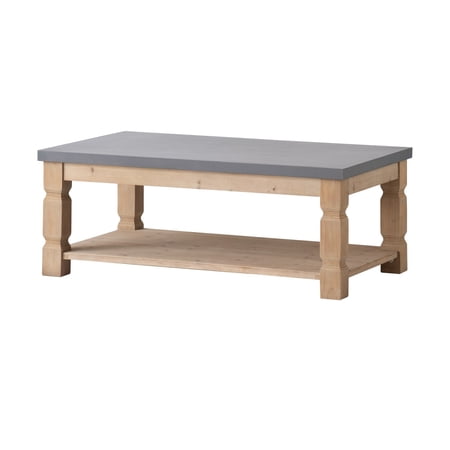 48 Inch Coffee Table, Rectangular, Concrete Top, Wood Frame, Rustic, Gray