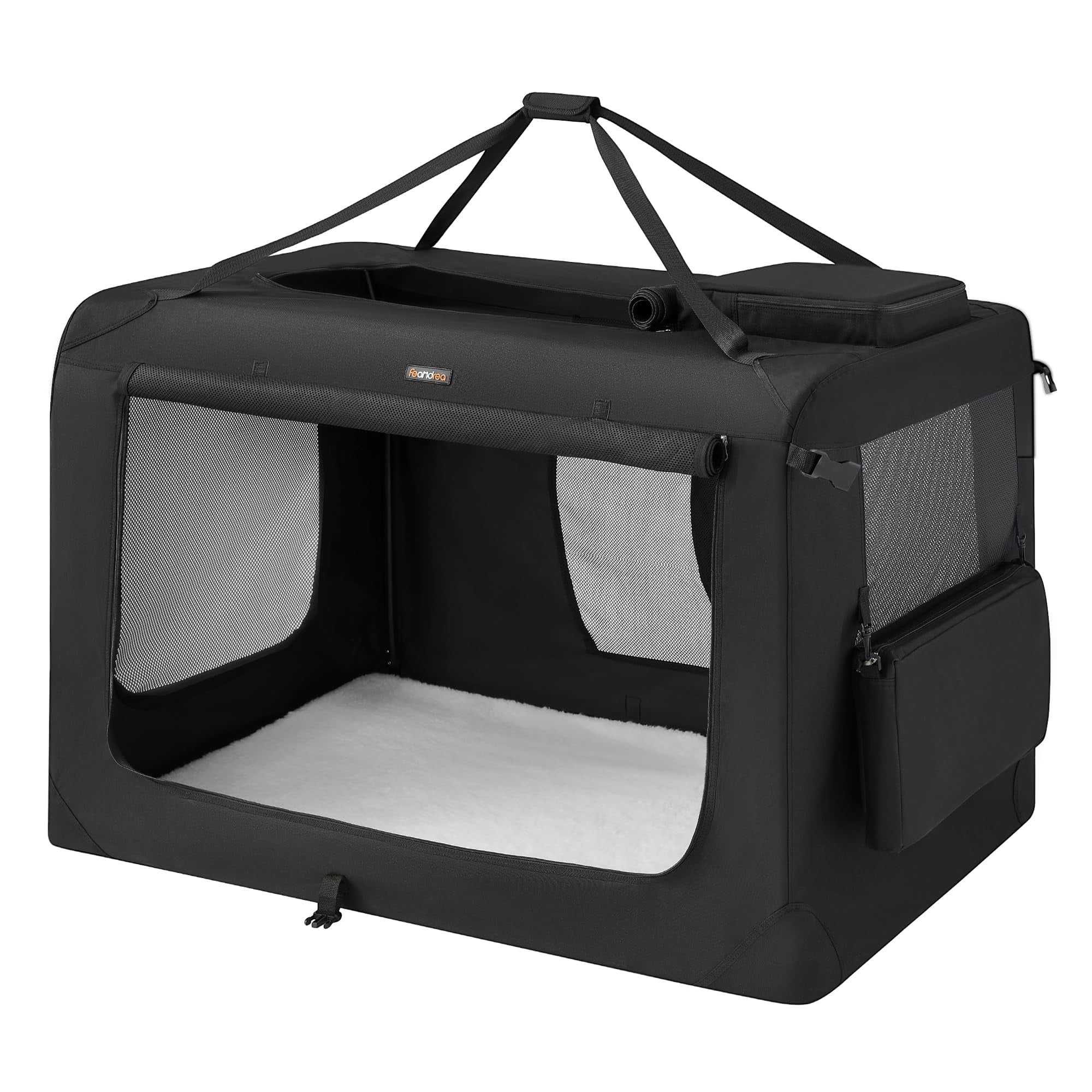 48 Inch Collapsible Dog Crate Portable Kennel for Large Dogs, Indoor Outdoor Pet Carrier with Safety Zippers, Fleece Pad, 3 Doors for Living Room Car Travel Camping, Black