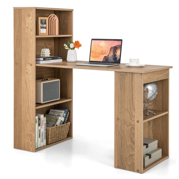 48 Inch Computer Desk with 4-Tier Bookcase, Home Office Writing Desk with Side Shelves, CPU Storage Shelf, 48" x 20" Desktop, Engineered Wood Workstation for Bedroom Office Dorm Natural