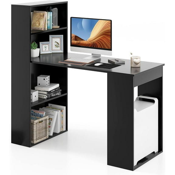 48 Inch Computer Desk with Bookshelf, Reversible Study Writing Desk with Storage Shelves & CPU Stand, Compact Office Desks & Workstations, Black Desk for Bedroom, Kids Room, Study (Black)