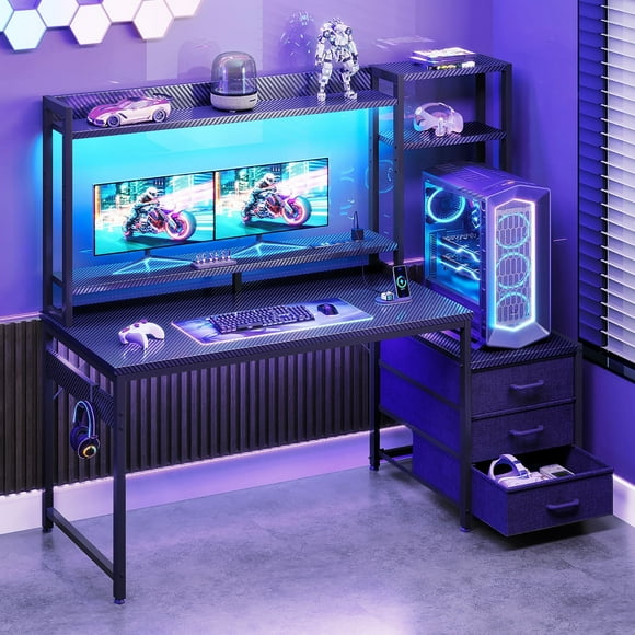 Casacomoda 48 inch Gaming Desk with LED Lights & Power Outlets, Home Office Desk with Reversible Storage Drawers & Monitor Shelves, Gaming Table for Small Space, Carbon Fiber  Black