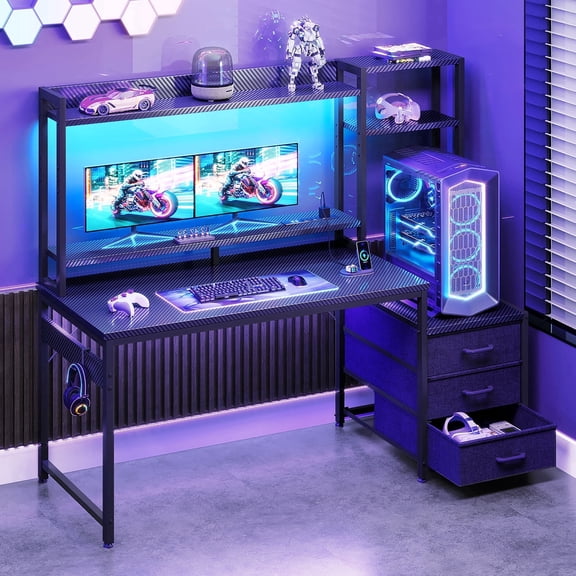 Casacomoda 48 inch Gaming Desk with LED Lights & Power Outlets, Home Office Desk with Reversible Storage Drawers & Monitor Shelves, Gaming Table for Small Space, Carbon Fiber Black
