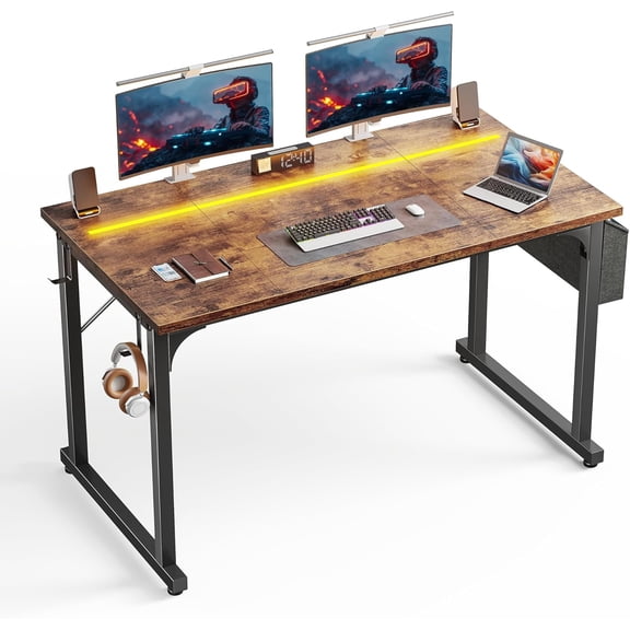 48-Inch Computer Desk with Waterproof LED Lights  Suitable for Teens and Home Offices  Features Headphone Hook and Storage Bag  Sturdy Metal Frame  Space-Saving  Vintage Brown