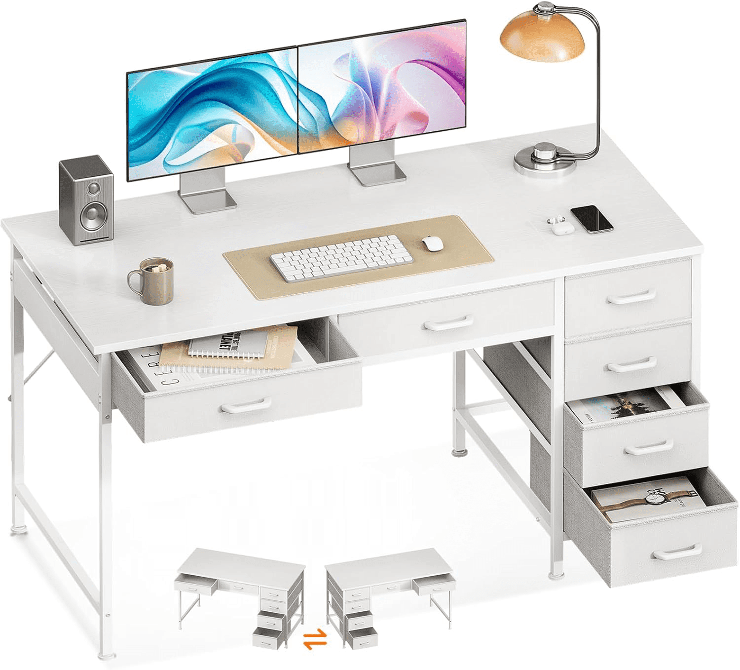 48-Inch Computer Desk with 6 Drawers and Reversible Storage – Suitable for Home Office, Bedroom, Work, and Study (White)