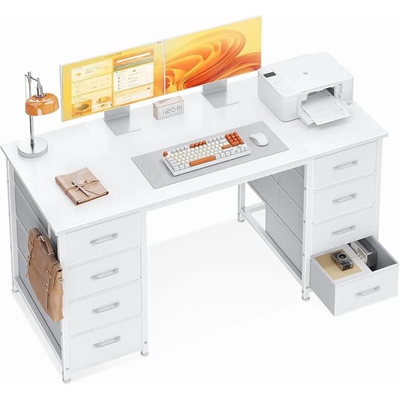 48 Inch Computer Desk with 8 Fabric Drawers, Modern Home Office Desk with Large Storage for Study and Gaming, White