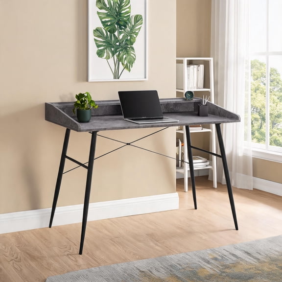 48 Inch Contemporary Modern Computer Desk with Storage Shelves, Classic Gray Particleboard and Black Metal