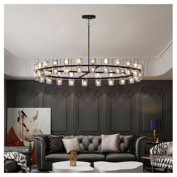 48 Inch Crystal Chandelier - Modern LED Lighting for Dining Room & Living Room - Black Metal Frame - Warm White 2700K - Ceiling Mount - Bulbs Included