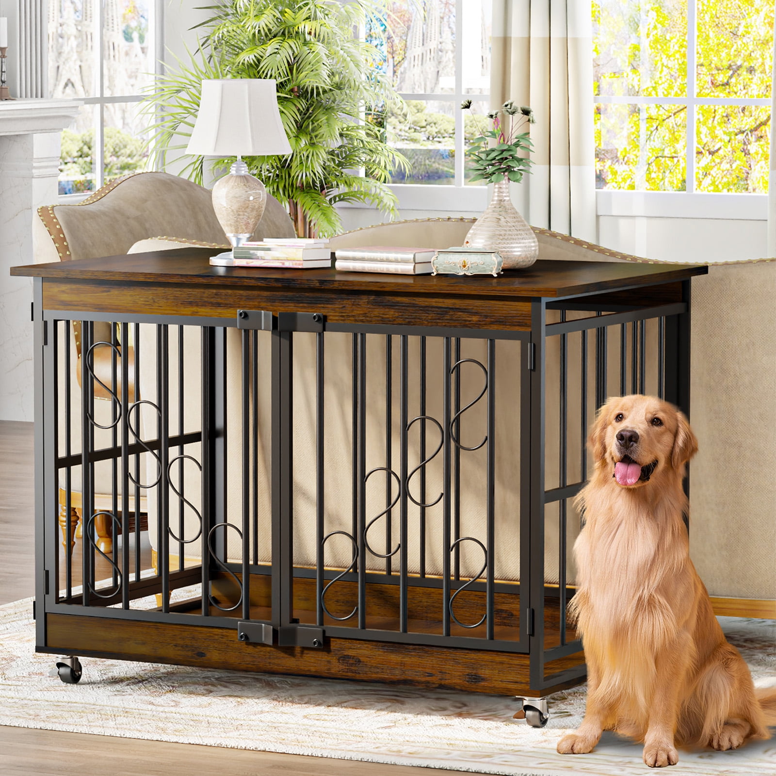 48 Inch Dog Cage Furniture for Extra Large Dog, Double-Doors Heavy Duty Dog Crate with 360 Caster Wheels, Dog Kennel Indoor Decorative Pet House Dog Cage Table, Brown