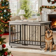 48 Inch Dog Cage Furniture for Extra Large Dog, Double-Doors Heavy Duty Dog Crate with 360° Caster Wheels, Dog Kennel Indoor Decorative Pet House Dog Cage Table, Gray