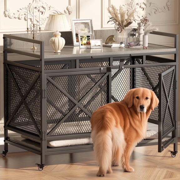 48 inch Dog Crate Furniture for Large Breeds (Up to 90 lb), Wooden & Steel, 360° Casters, Waterproof Top, Steel Lock,Textured Gray