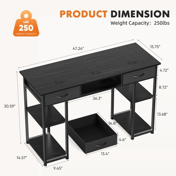 48 Inch Double Deck Shelving Office Computer Desk with Pull-out Fabric Storage Drawers Metal Frame Adjustable Feet Table ﻿