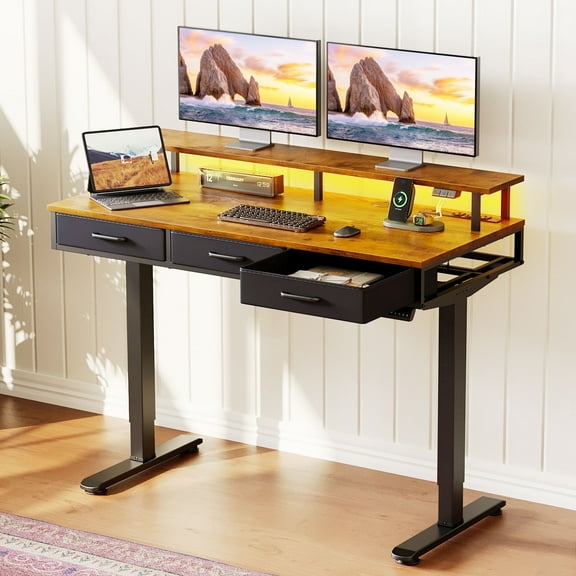 Casacomoda 48“ Electric Standing Desk with Power Outlets and LED Lights, Adjustable Height Sit Stand Desk with Monitor Shelf & 3 Fabric Drawers for Home Office, Vintage