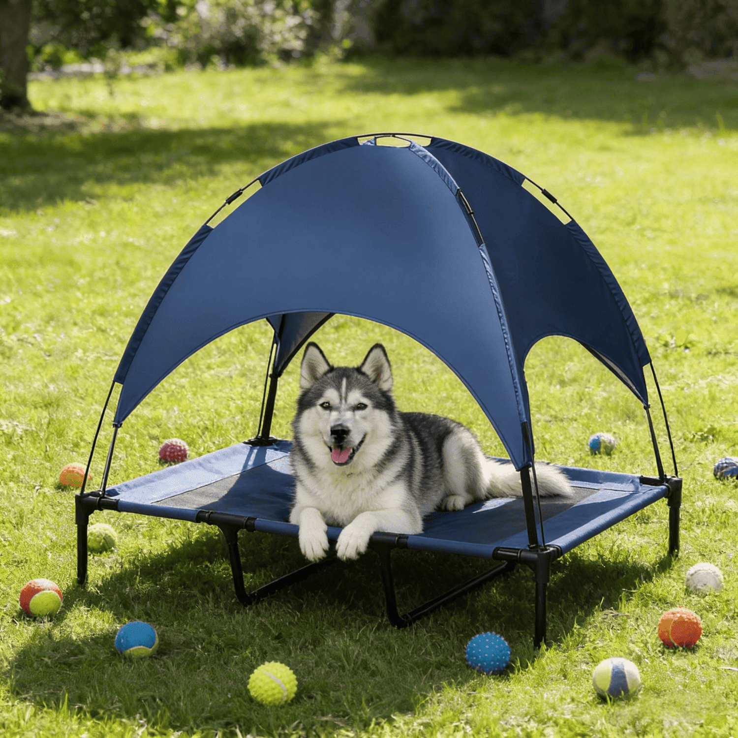 48 Inch Elevated Dog Cot with Removable Canopy, Breathable Mesh Portable Pet Bed, 9.25" Elevated Airflow Supports Up to 110 lbs, Foldable Outdoor Dog Bed with Travel Bag