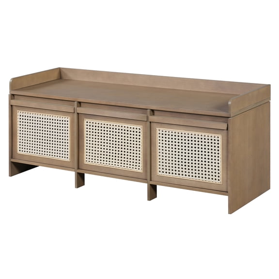48 Inch Entryway Storage Bench, Retro Shoe Bench with Rattan Drawers & Removable Button-Tufted Cushion, Hidden Storage Chest for Hallway Foyer