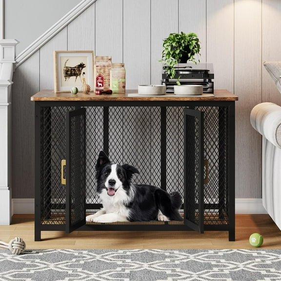 48 Inch Extra Large Dog Crate,Flip Top Dog Crate Furniture,Large Dog Kennel with 2 Doors,Latches,Heavy Duty Metal Dog Cage End Table,Farmhouse Dog Furniture for Large Medium Small Dogs,Brown