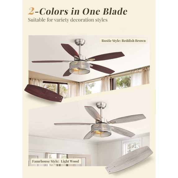 48 Inch Farmhouse Ceiling Fan with Light and Remote Control, Quiet 6-Speed Reversible DC Motor, 5 Reversible Dual-Finish Blades, Redwood Nickel, for Indoor Use
