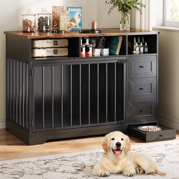 48 Inch Farmhouse Dog Crate Table - Kennel Furniture with Bowl Drawers - Storage End Table for Living Room - Black