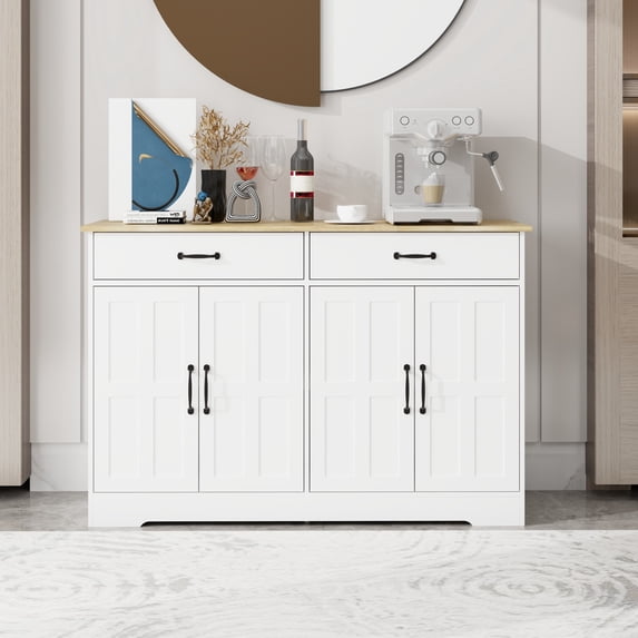 48 Inch Farmhouse Style Buffet Cabinet with 2 Drawers and 4 Doors - Rustic Storage Sideboard Organizer for Dining Room Kitchen Living Room Entryway and Hallway Space Saving Durable Design in White