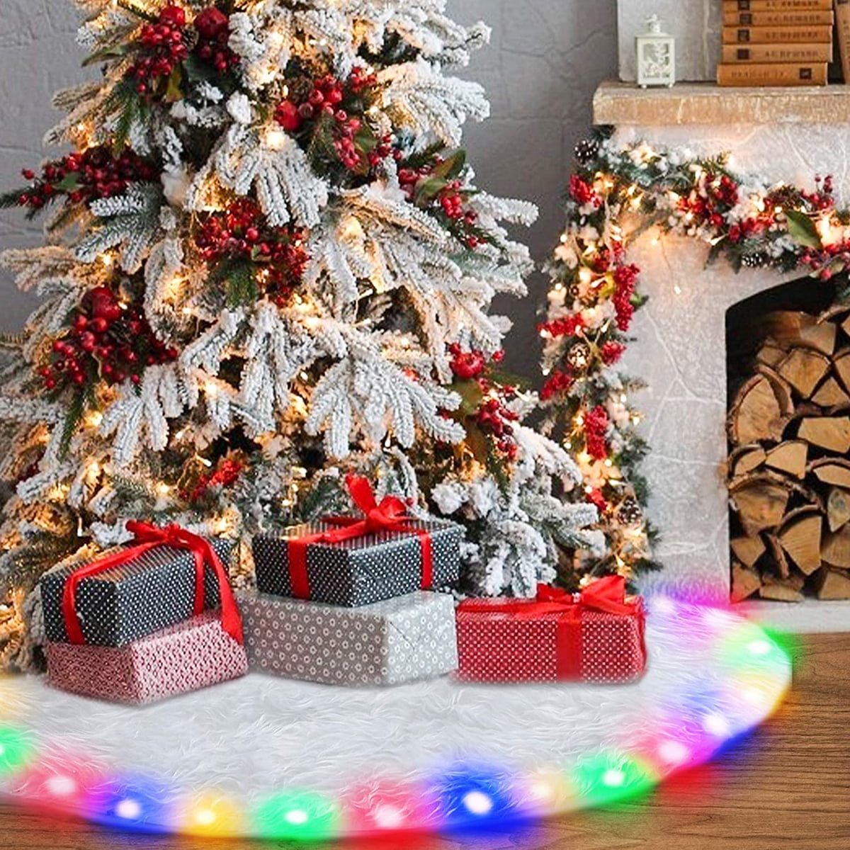 48 Inch Faux Fur Christmas Tree Skirt with LED Light Snowy White Plush Tree Skirt Base Cover 2