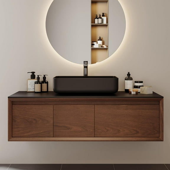 48 Inch Floating Bathroom Vanity with Sink Combo, Mid Century Modern Wall Mounted Bathroom Storage Cabinet with Black Sintered Stone Countertop, Ceramic Basin Sink