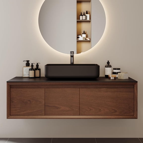 48 Inch Floating Bathroom Vanity with Sink Combo, Mid Century Modern Wall Mounted Bathroom Storage Cabinet with Black Sintered Stone Countertop, Ceramic Basin Sink