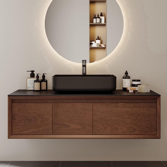 48 Inch Floating Bathroom Vanity with Sink Combo, Mid Century Modern Wall Mounted Bathroom Storage Cabinet with Black Sintered Stone Countertop, Ceramic Basin Sink