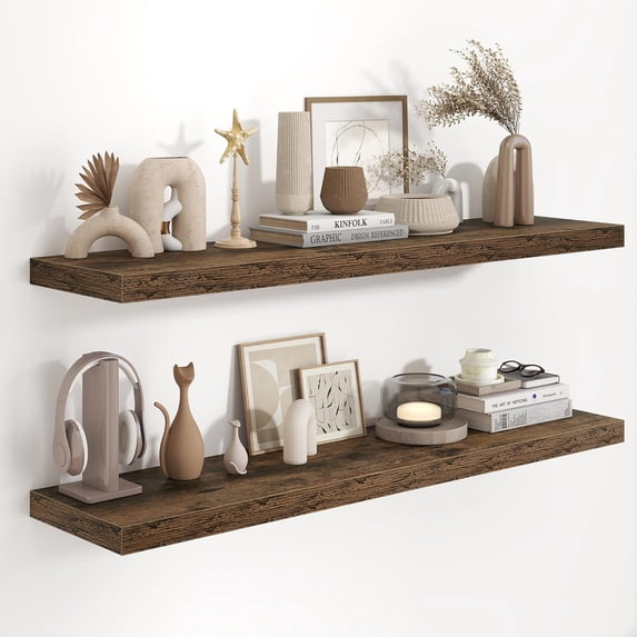 48 Inch Floating Shelves, 9.3 Inch Deep Wall Shelves for Bathroom, Living Room, Bedroom, Kitchen, Deep Long Shelf Wall Mounted 2 Pack Shelf for Books, Decor, Rustic Brown