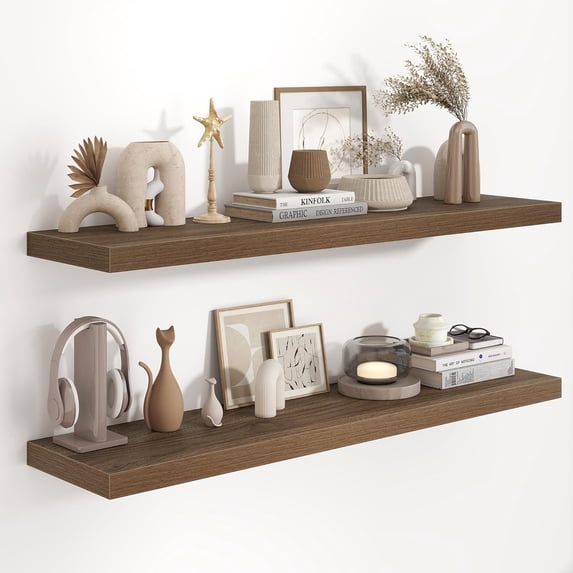 48 Inch Floating Shelves, 9.3 Inch Deep Wall Shelves for Bathroom, Living Room, Bedroom, Kitchen, Deep Long Shelf Wall Mounted 2 Pack Shelf for Books, Decor, Walnut