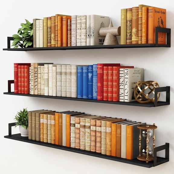 48 Inch Floating Shelves for Wall Set of 3, Long Wall Book Shelves for Bedroom Living Room, Large Floating Bookshelf for Office Classroom Library Kitchen Closet Organizer (Black)